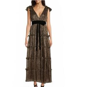 A Love A‎ Metallic Gold Pleated Maxi Dress | Size L | Tie Shoulder Formal